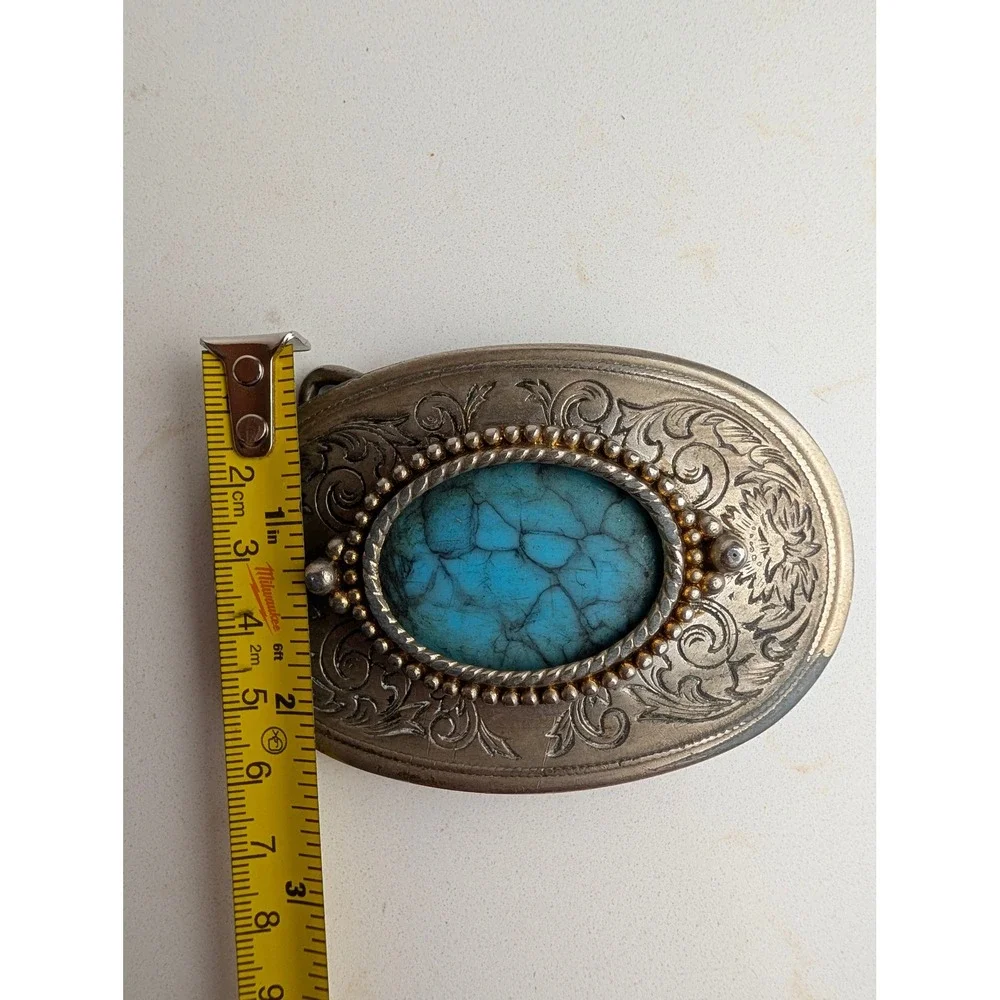 Vintage Western Belt Buckle Faux Turquoise Oval Floral Engraved Silver Tone